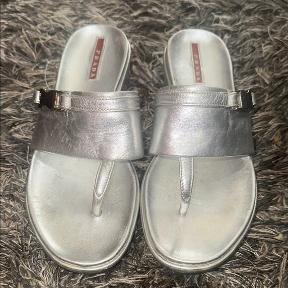 Prada Silver Leather Sandals Sleek Minimalist Design EU 37 - Picture 3 of 6